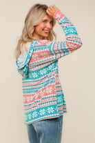 Haptics Teal/Red/White Snowflake Print Brushed Hacci Hoodie Pullover