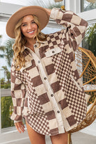 BiBi Mocha Checkered Button Down Corduroy Shacket Trendsi