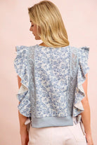 BiBi Denim Floral Printed Twill Lace Trim Detail Side Bow Tied Top