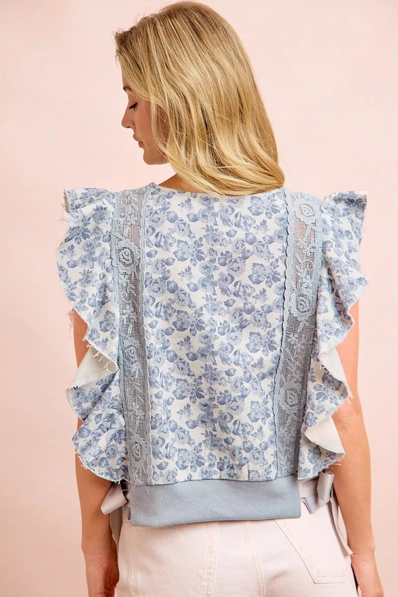 BiBi Denim Floral Printed Twill Lace Trim Detail Side Bow Tied Top