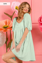 BiBi Sage Washed Linen Tiered Midi Dress with Puff Sleeves SAGE
