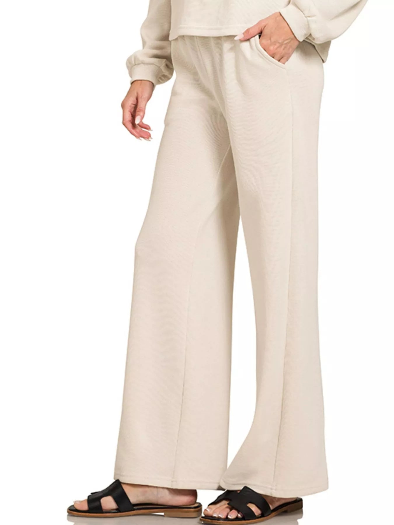 Zenana Sand Beige French Rib Pullover and Pants Set
