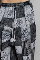 POL Black Multi Drawstring Bohemian Patchwork Wide Leg Pants