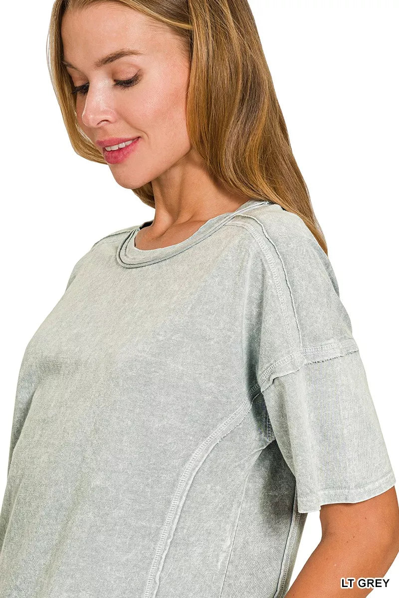 Zenana Light Gray Halo Snow Washed Short Sleeve Tee and Shorts Set