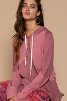 POL Oversized Hooded Henley Long Sleeve Top Rose Wood Ruby Idol Apparel