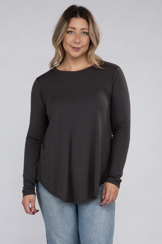 Zenana Plus Long Sleeve Round Neck Round Hem Top ZENANA