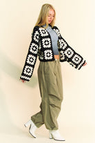 Davi & Dani White & Black Two Tone Flower Square Crochet Open Front Cardigan