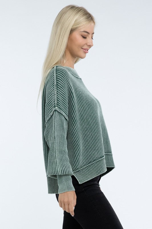 Zenana Washed Side Slit Oversized Cropped Sweater in 4 Colors! ZENANA