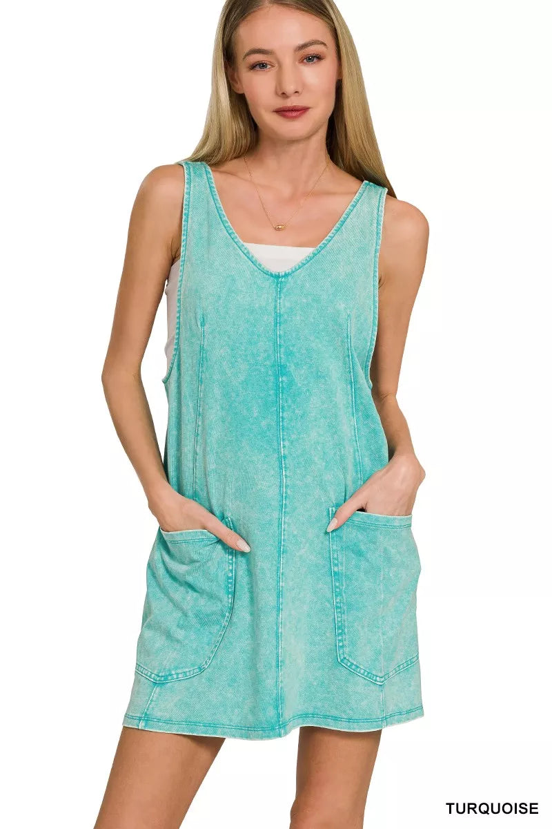 Zenana Turquoise Acid Washed Overall Knit Mini Dress TURQUOISE