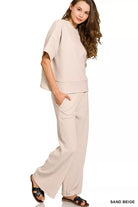 Zenana Sand Beige Ribbed Round Neck Short Sleeve Tee & Pants Set
