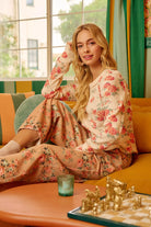 BiBi Oatmeal Floral Print Washed Waffle Thermal Top With Thumb