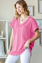 Heimish Hot Pink Front Pocket Short Sleeve Ribbed Top Trendsi