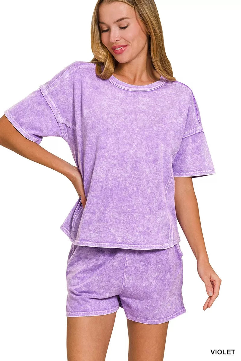 Zenana Violet Halo Snow Washed Short Sleeve Tee and Shorts Set