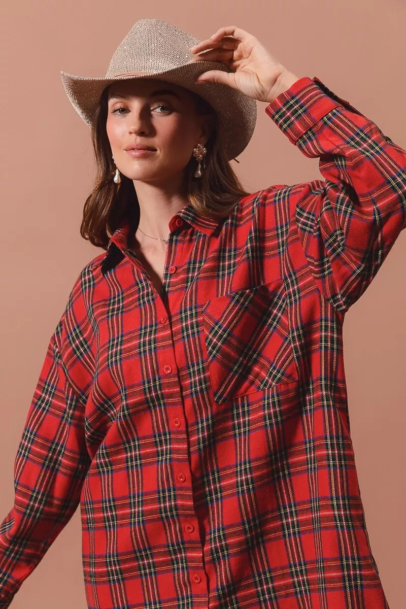 SO ME Christmas Checker Plaid Button Up Shirt Dress – Red Multi