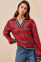 BiBi Christmas Red Plaid Collared Top with Ruffled Detail