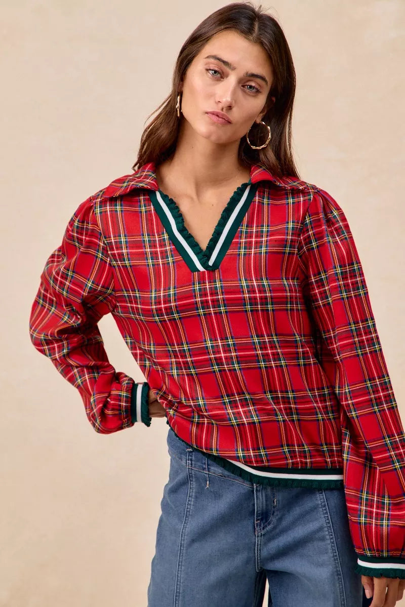 BiBi Christmas Red Plaid Collared Top with Ruffled Detail