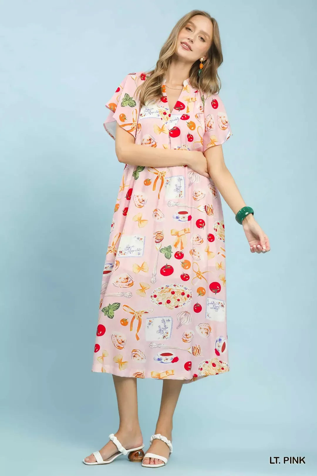 Umgee Light Pink Abstract Print Flutter Sleeve Midi Dress