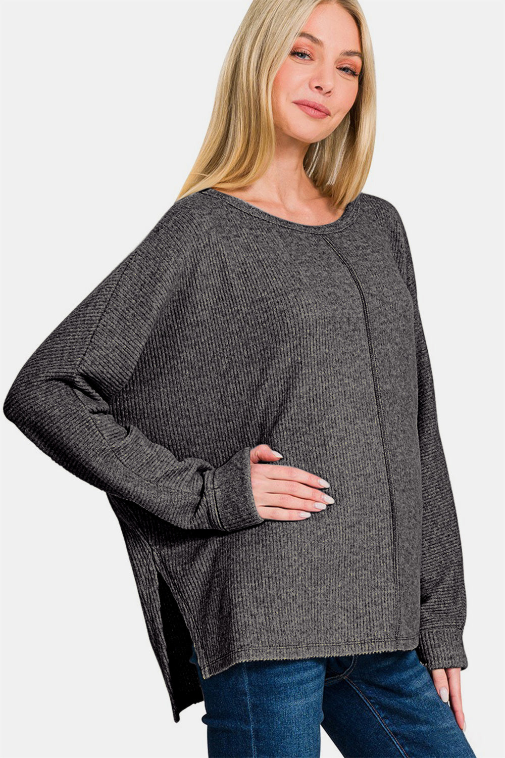 Zenana Black Center Seam Ribbed Dolman High-Low Side Slit Round Neck Top Shirts & Tops