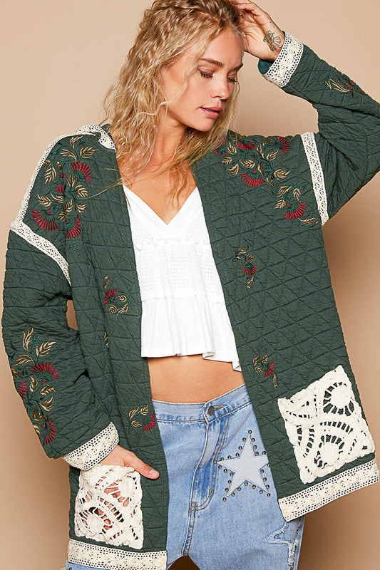 POL Embroidered Open Front Quilted Hooded Jacket with Crochet Pockets in Dark Green Dark Green Coats & Jackets