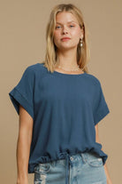 Umgee Peacock Blue Drawstring Hem Round Neck Short Sleeve T-Shirt Peacock Blue