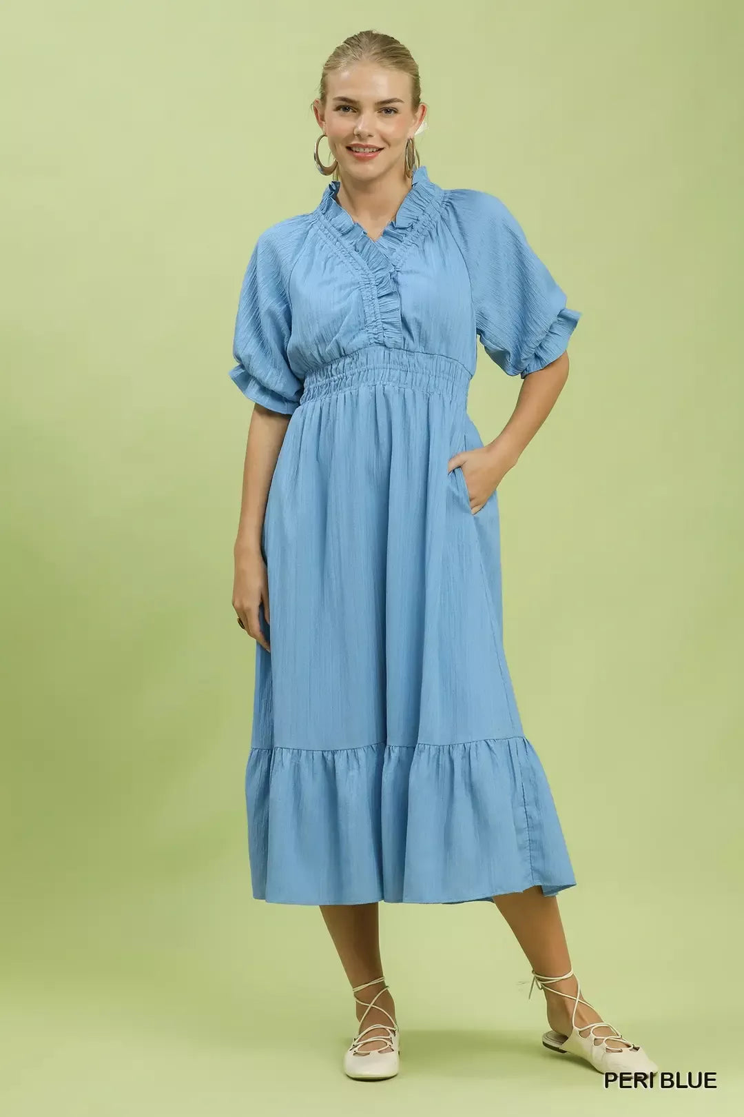 Umgee Peri Blue Ruffle V-Neck Midi Dress PERI BLUE