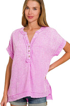 Zenana Bright Mauve Washed Double Gauze 3/4 Button Henley Neck Shirt