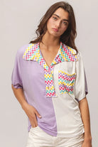 BiBi Lavender Color Block Knit with Multi Checker Contrast Top