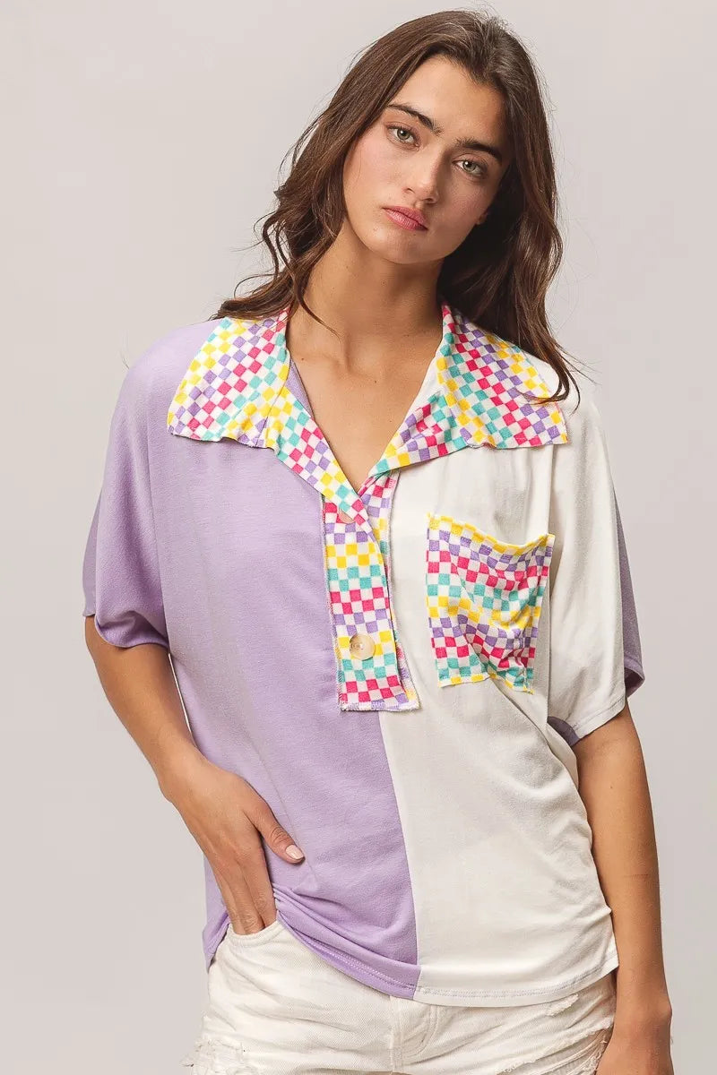 BiBi Lavender Color Block Knit with Multi Checker Contrast Top