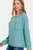 Zenana Teal Contrast Stitching Brushed Ribbed Hacci Knit Top Shirts & Tops