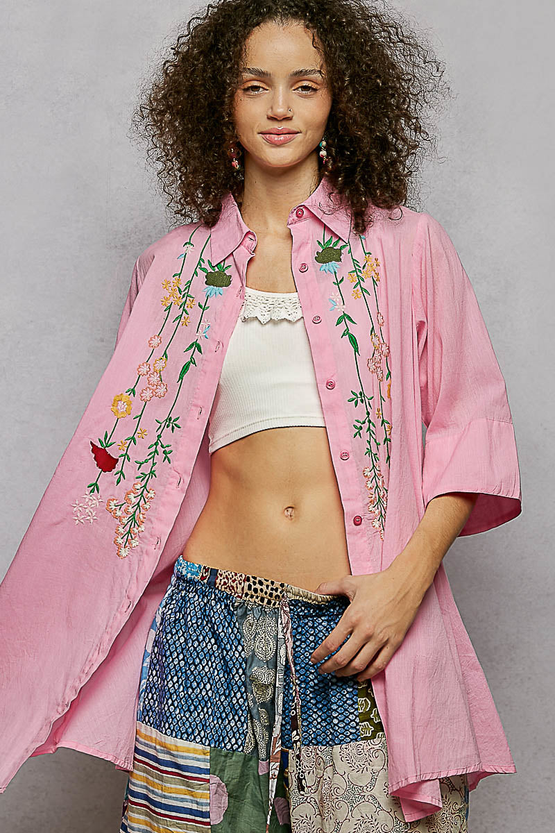 POL PinkFloral Embroidered Half Sleeve Cotton Shirt PINK