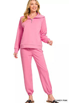 Zenana Scuba Half Zip Sweatshirts and Joggers Set CANDY PINK