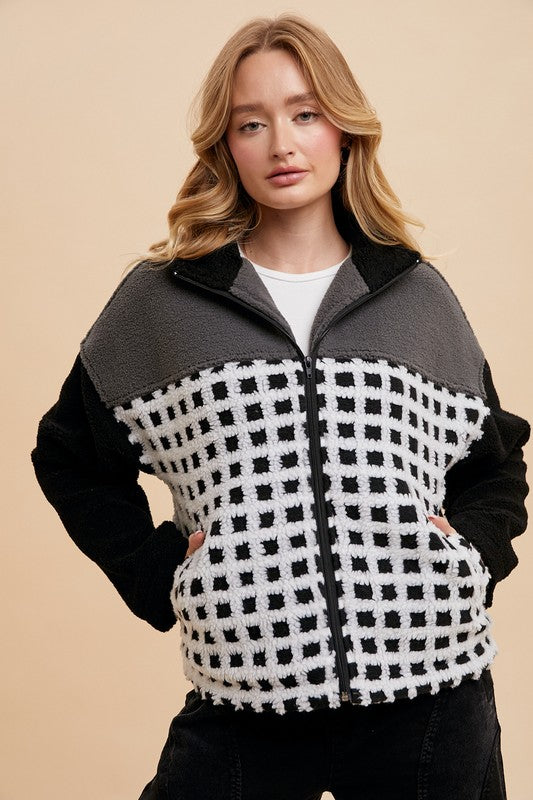 Annie Wear Ivory & Black Plaid Zip Up Drop Shoulder Sherpa Jacket