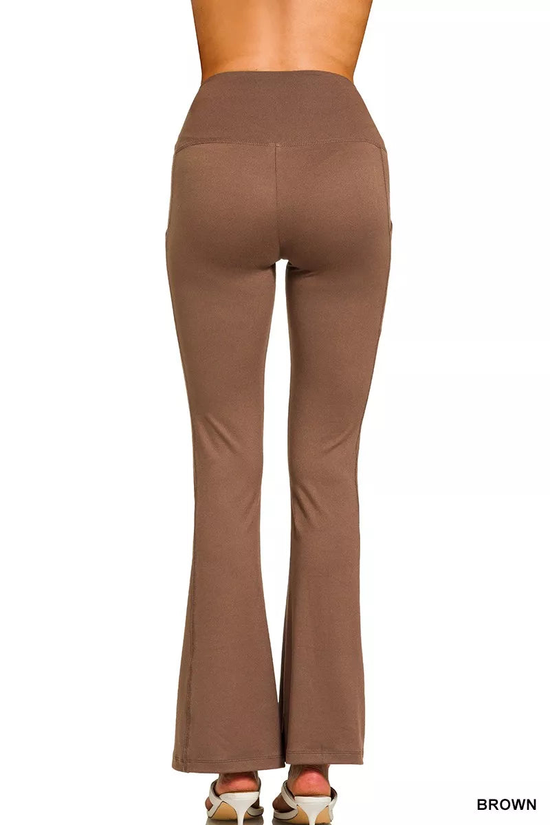 Zenana Brown Brushed Dty Microfiber Flare Pants