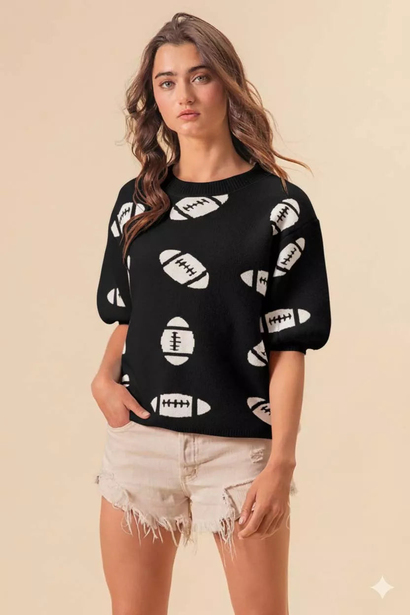BiBi Black & Ivory Football Pattern Short Sleeve Sweater