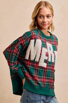 BiBi Merry Letter Patches Christmas Plaid Sweatshirt
