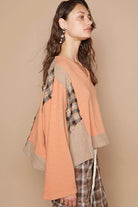 POL Dried Papaya V-Neck Long Sleeve Plaid Contrast Top with Texture Knit Detail