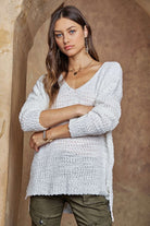 ADORA White High-Low Side Slit V-Neck Sweater