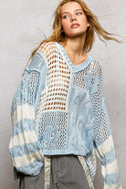 POL Sky Blue Color-Blocked Stripe Pattern Knit Top with Twisted Weave
