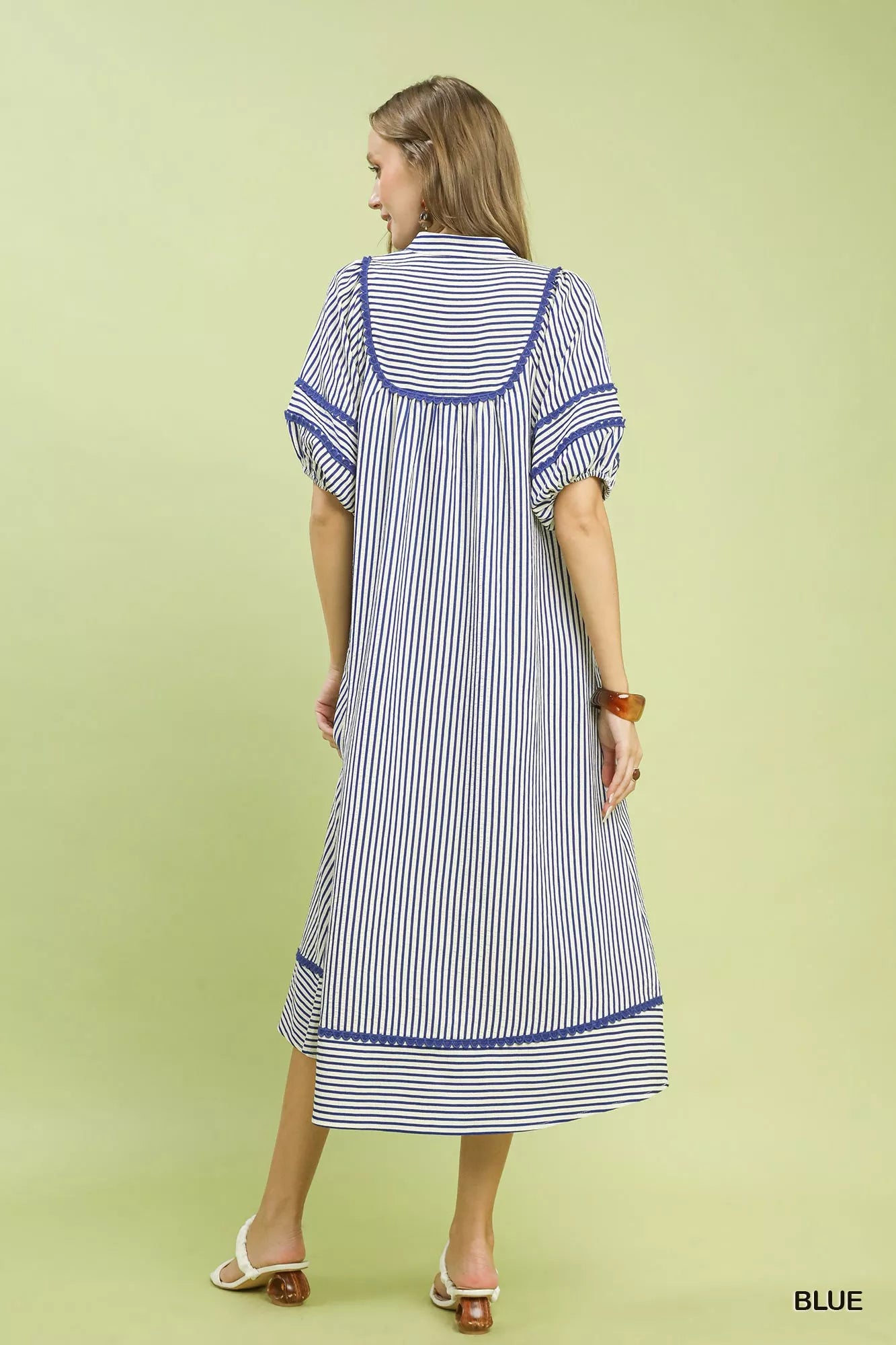 Umgee Blue Striped Puff Sleeve Midi Dress