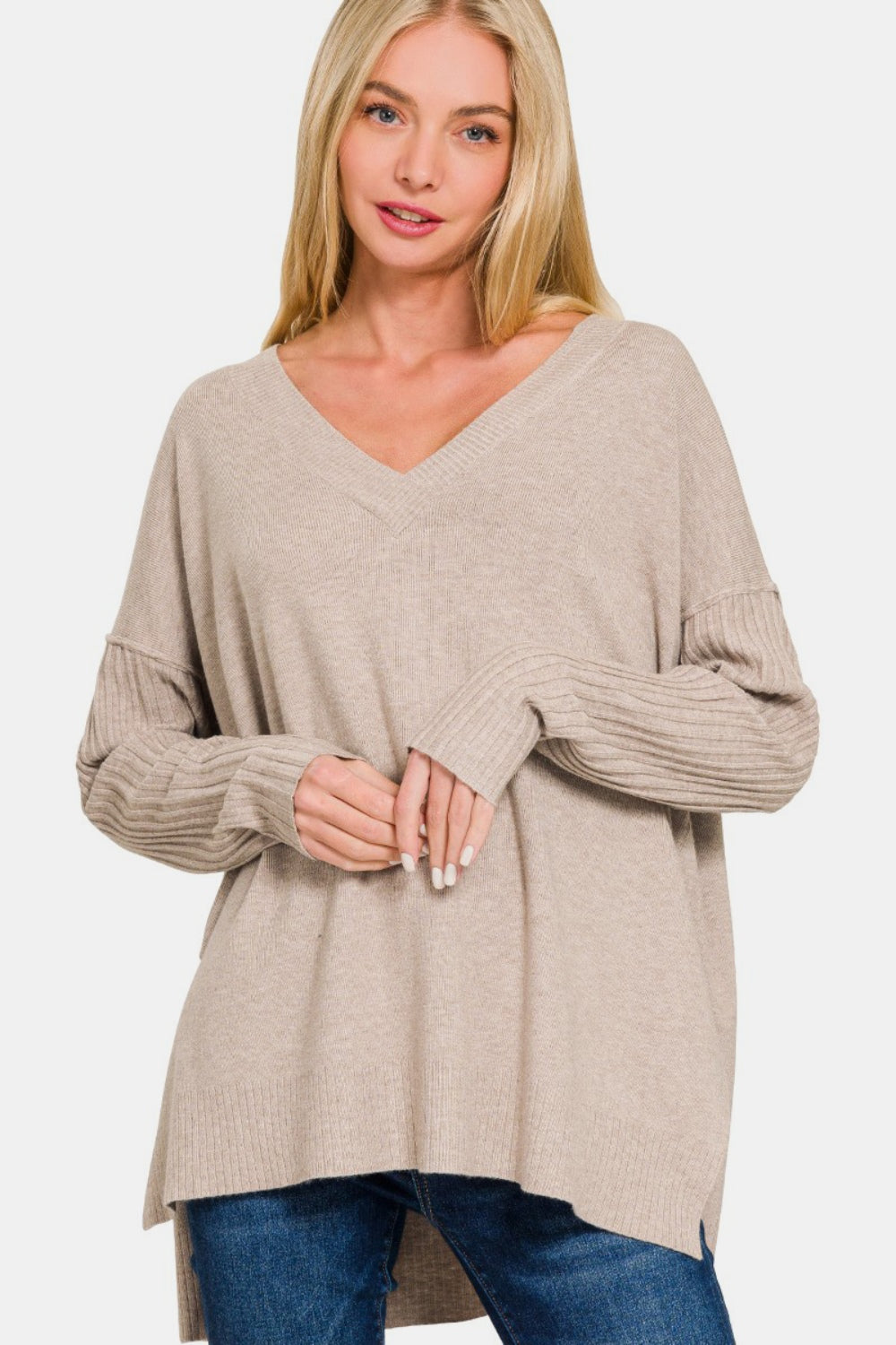 Zenana Heather Mocha Viscose Hem & Sleeve V-Neck Side Slit High-Low Sweater H Mocha Trendsi