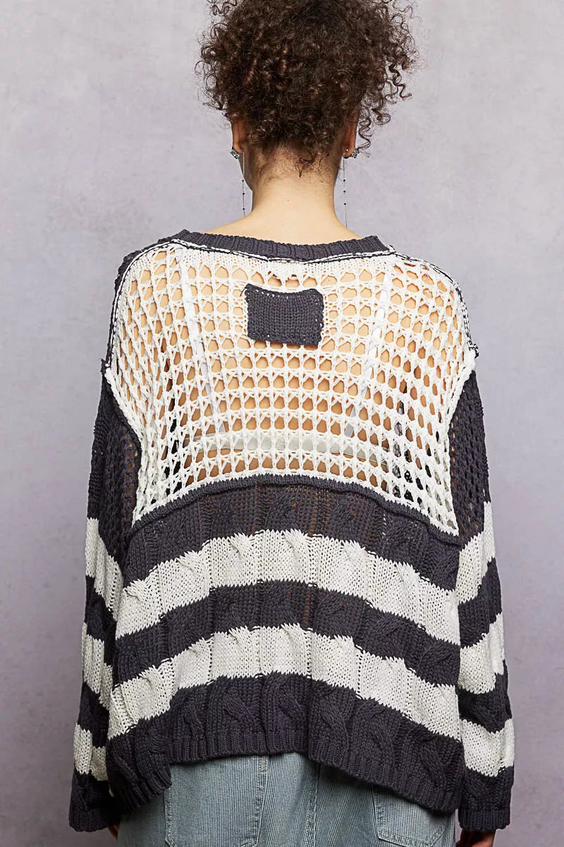 POL Charcoal Color-Blocked Stripe Pattern Knit Top with Twisted Weave