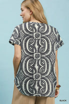 Umgee Black Geometric Print V-Neck Short Sleeve Top
