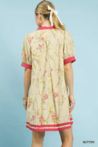 Umgee Butter Floral Puff Sleeve Dress with Contrast Trim