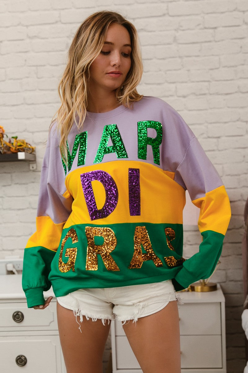BiBi Sequin Mardi Gras Lettering Color Block Sweatshirt