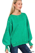Zenana Kelly Green Acid Washed Batwing Sleeve Fleece Sweatshirt K GREEN