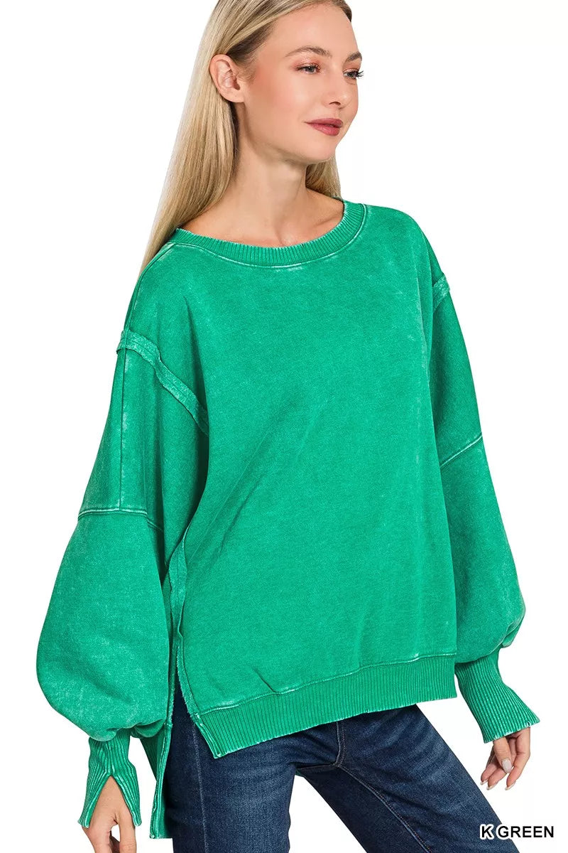 Zenana Kelly Green Acid Washed Batwing Sleeve Fleece Sweatshirt K GREEN