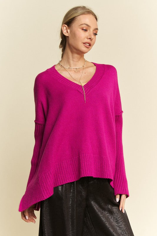 Davi & Dani Cerise Ribbed Side Slit V-Neck Sweater Cerise Shirts & Tops