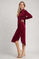 Umgee Burgundy Textured Curved Hem Button Down Shirt Dress Dresses