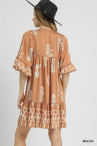 Umgee Border Print Tassel Tie Neck Mini Dress