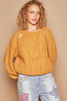 POL Honey Mustard Cable Knit Key Hole Cutout Balloon Sleeve Sweater Trendsi